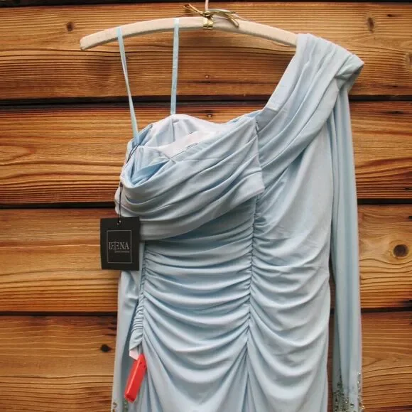 Mac Duggal 26485 Blue Foldover Long Sleeve Jeweled Midi Dress - Picture 11 of 14